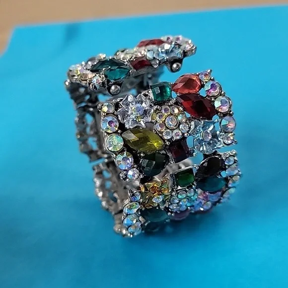 Cocktail Colorful Multi-Color Embellished Floral Rhinestone Stretchable Bangle - Picture 9 of 11
